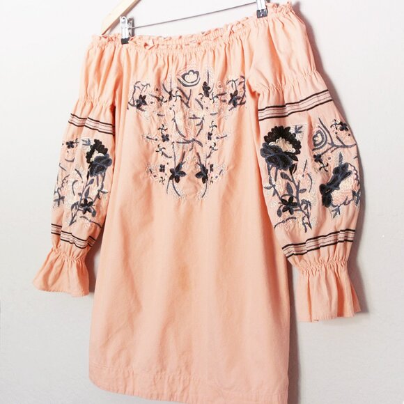 Free People Fleur Du Jour Off-The-Shoulder Pink Floral Embroidered Dress S $148 - Picture 6 of 15